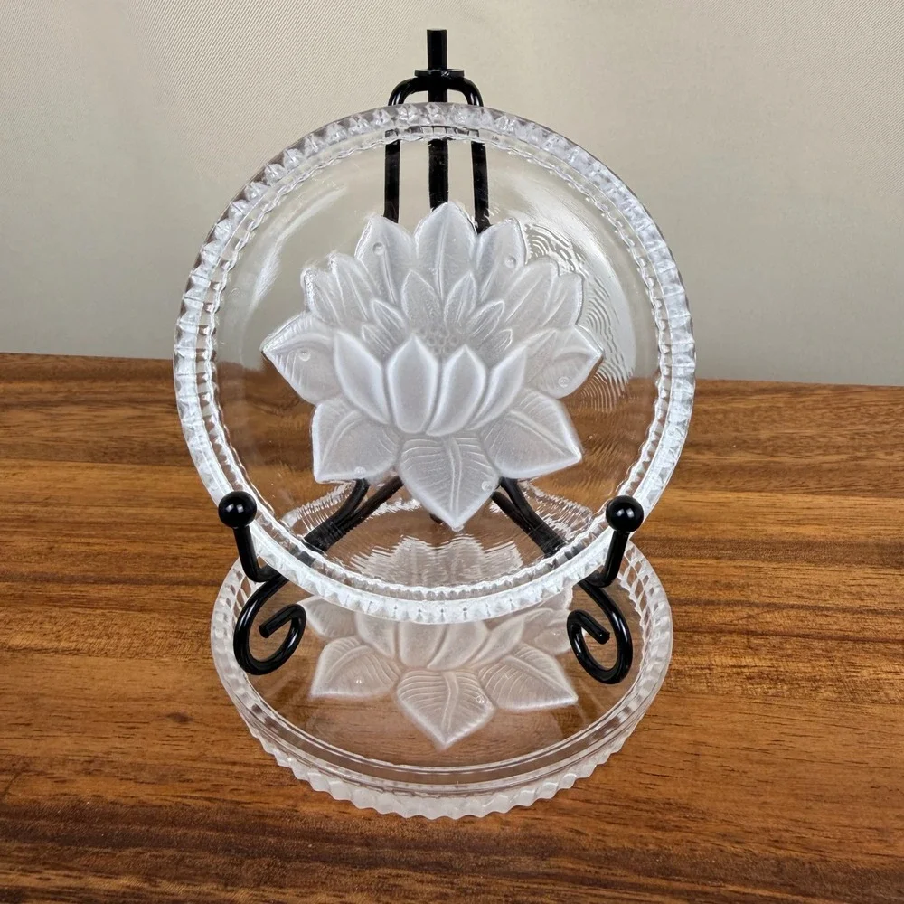 Pair of Vintage Frosted Lotus Flower Clear Glass Coasters West German